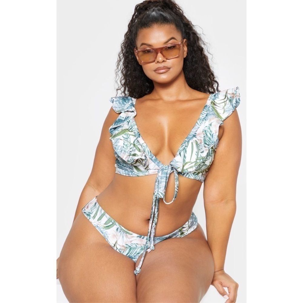 Pretty little thing pale khaki leafy swim top 10